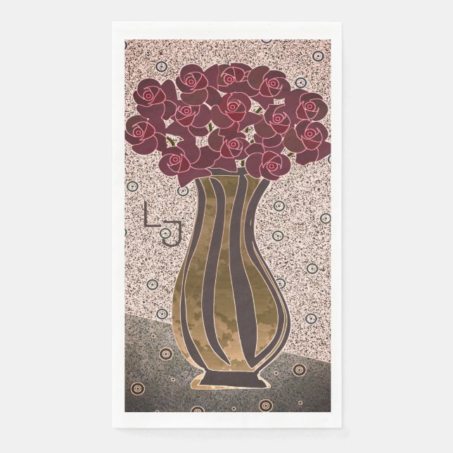 Modern Burgundy Rose Floral Vase Monogram Wedding Napkin (Front)