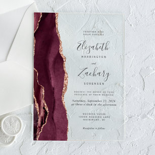 Modern Burgundy Rose Gold Agate Wedding Acrylic Invitations