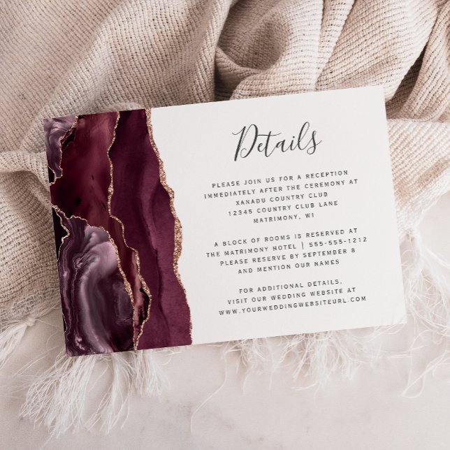 Modern Burgundy Rose Gold Agate Wedding Details Enclosure Card (Creator Uploaded)