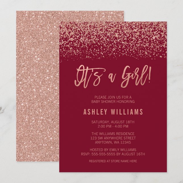 Modern Burgundy Rose Gold Glitter Girl Baby Shower Invitation (Front/Back)