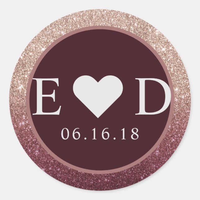 Modern Burgundy Rose Gold Glitter Ombre Wedding Classic Round Sticker (Front)