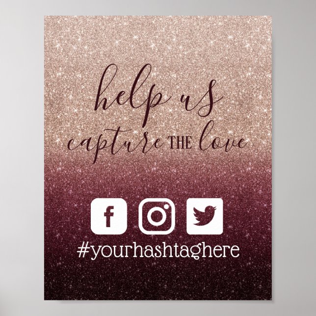 Modern Burgundy Rose Gold Social Media Hashtag Poster (Front)