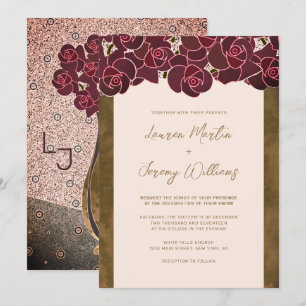 Modern Burgundy Rose in Vase Pink Floral Wedding Invitation
