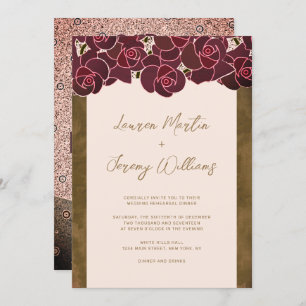 Modern Burgundy Rose Vase Floral Rehearsal Dinner Invitation