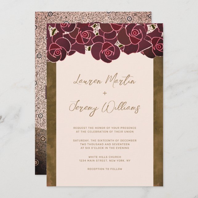 Modern Burgundy Roses in Vase Pink Floral Wedding Invitation (Front/Back)