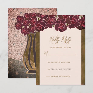 Modern Burgundy Roses in Vase Wedding RSVP Card