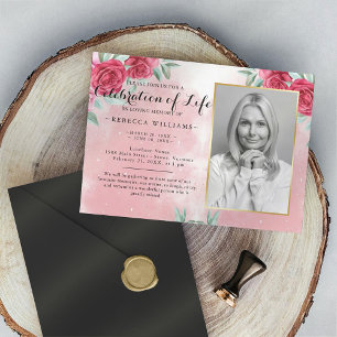 Modern Burgundy Roses Photo Celebration of life Invitation
