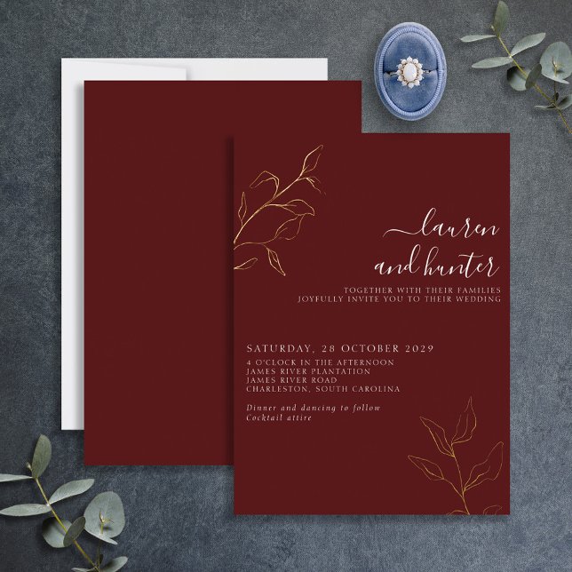 Modern Burgundy Script Botanical Wedding Gold (Creator Uploaded)