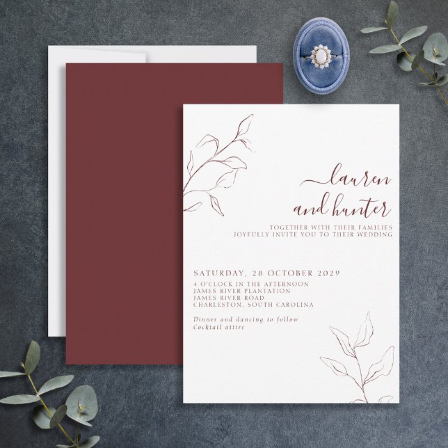 Modern Burgundy Script Botanical Wedding  Invitation (Creator Uploaded)