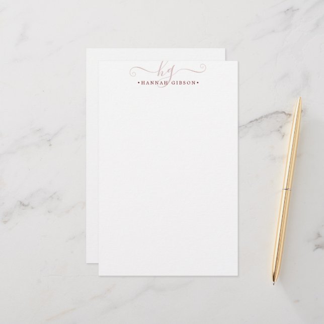 Modern Burgundy Script Initials Monogram Minimal Stationery (Front/Back In Situ)