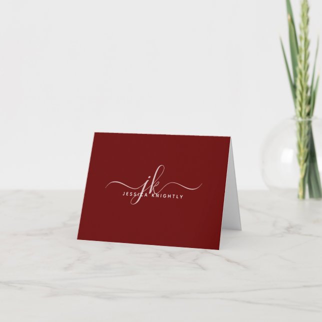 Modern Burgundy Script Initials Monogrammed Note Card (Front)