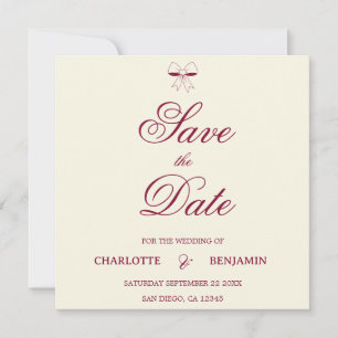 Modern Burgundy Script Ivory Bow Chic Wedding Card