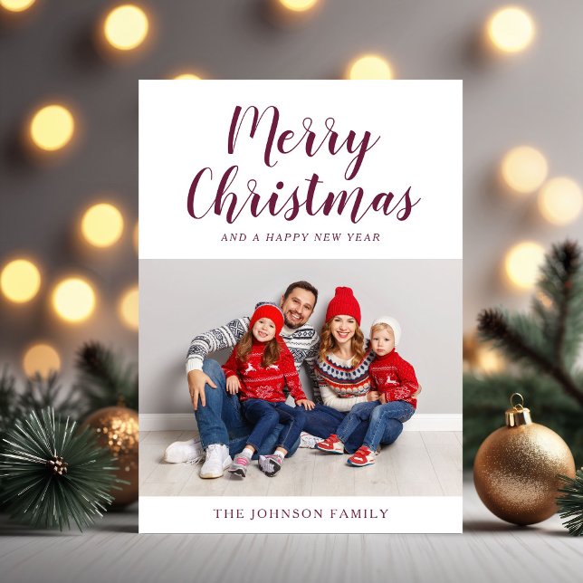 Modern Burgundy Script One Photo Christmas Holiday Card (Modern Burgundy Script One Photo Christmas Holiday Card)