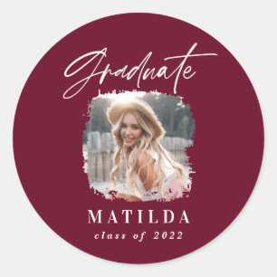 Modern burgundy script photo elegant graduation classic round sticker