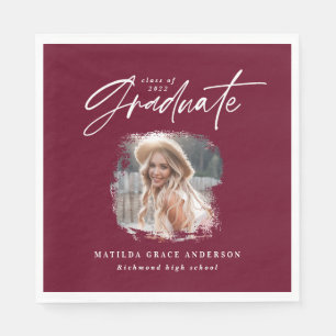 Modern burgundy script photo elegant graduation napkin