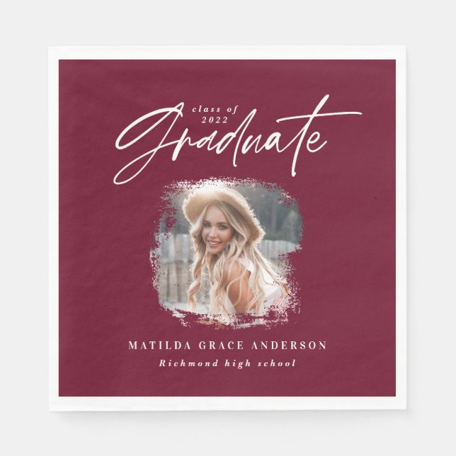 Modern burgundy script photo elegant graduation napkin (Front)