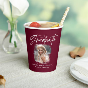 Modern burgundy script photo elegant graduation paper cups