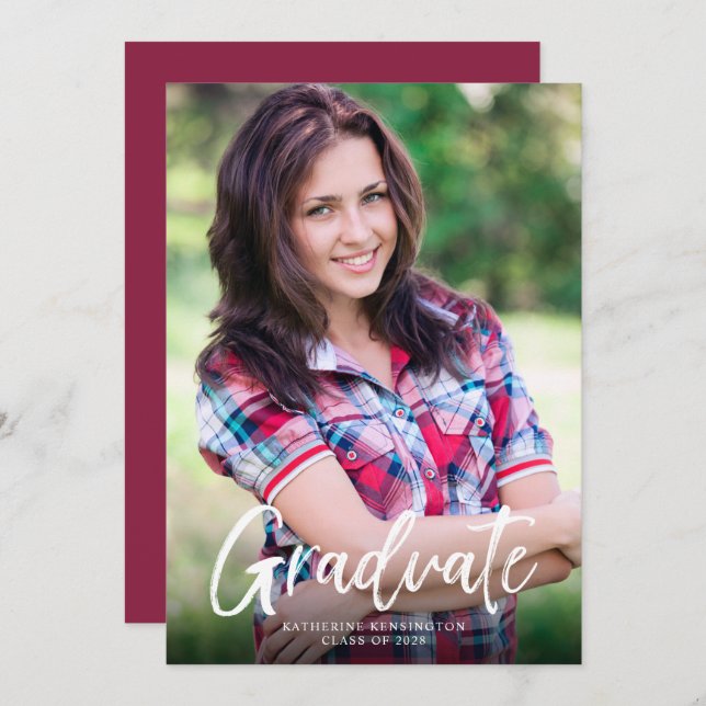 Modern Burgundy Script Photo Graduation Announcement (Front/Back)