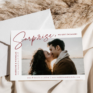 Modern Burgundy Script Surprise Photo Engagement Announcement
