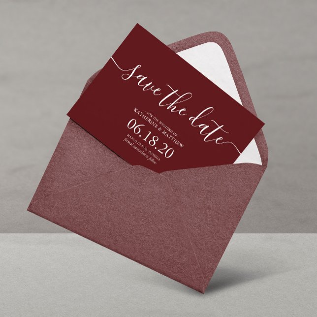 Modern Burgundy Script Wedding Save the Date Cards (Creator Uploaded)