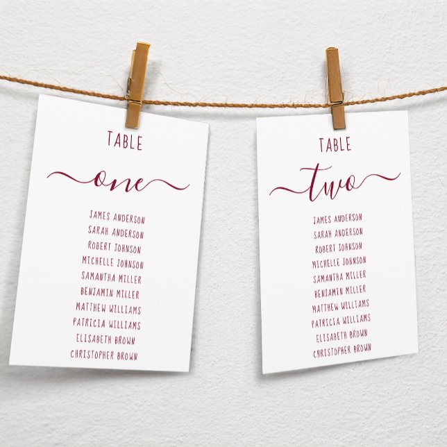 Modern Burgundy Script White Seating Chart Card (Creator Uploaded)