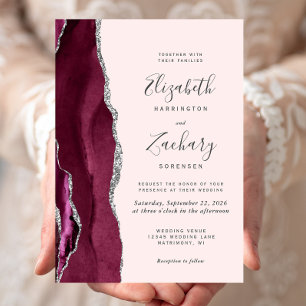 Modern Burgundy Silver Agate Blush Pink Wedding Invitation