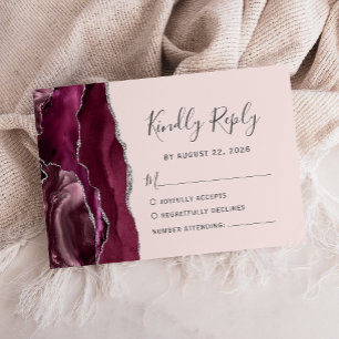 Modern Burgundy Silver Agate Blush Pink Wedding RSVP Card