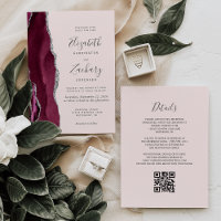 Modern Burgundy Silver Agate Blush QR Code Wedding
