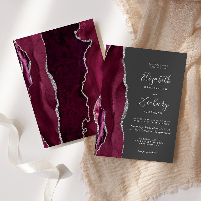 Modern Burgundy Silver Agate Charcoal Grey Wedding Invitation (Creator Uploaded)
