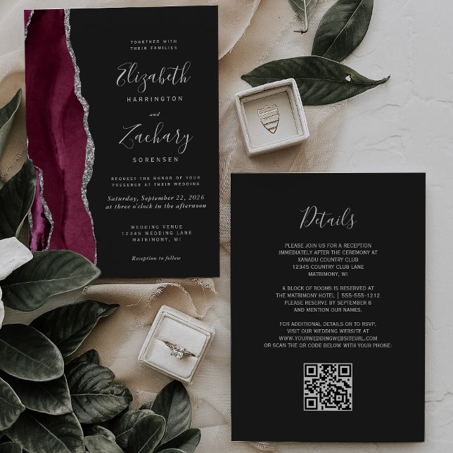 Modern Burgundy Silver Agate Dark QR Code Wedding Invitation (Creator Uploaded)