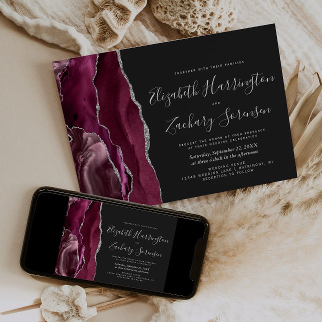 Modern Burgundy Silver Agate Dark Wedding Invitation (Creator Uploaded)