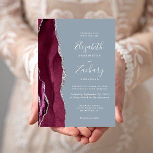 Modern Burgundy Silver Agate Dusty Blue Wedding Invitation