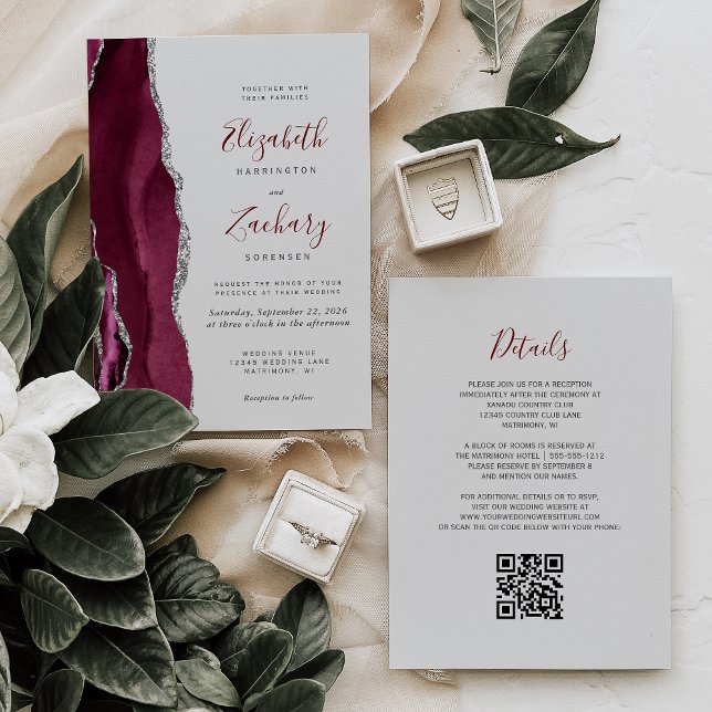 Modern Burgundy Silver Agate Grey QR Code Wedding Invitation (Creator Uploaded)