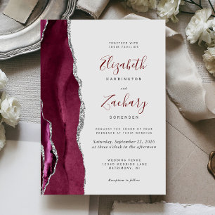 Modern Burgundy Silver Agate Light Grey Wedding Invitation