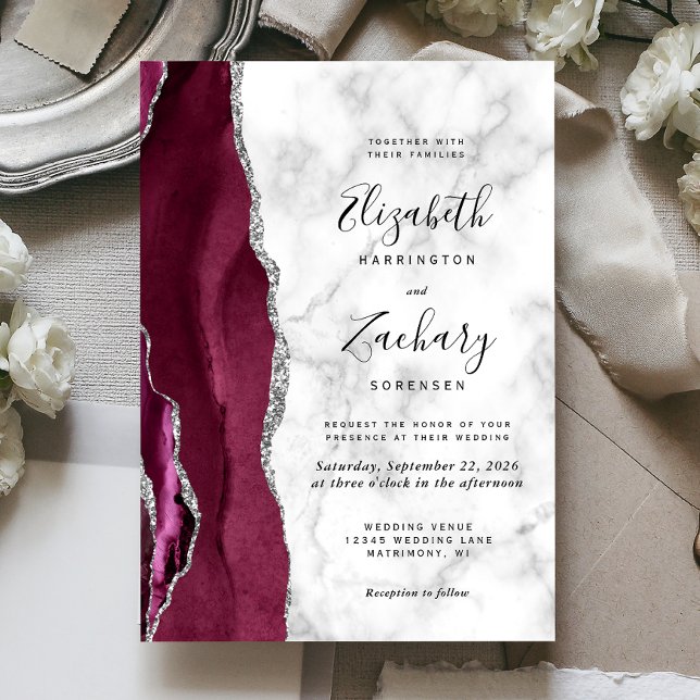 Modern Burgundy Silver Agate Marble Wedding Invitation (Creator Uploaded)