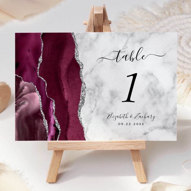 Modern Burgundy Silver Agate Marble Wedding Table Number (Creator Uploaded)