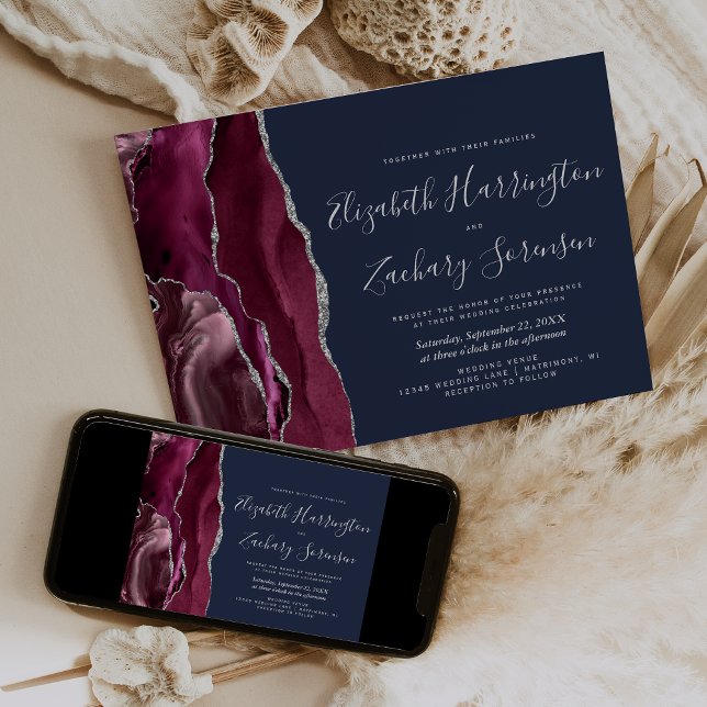 Modern Burgundy Silver Agate Navy Blue Wedding Invitation (Creator Uploaded)