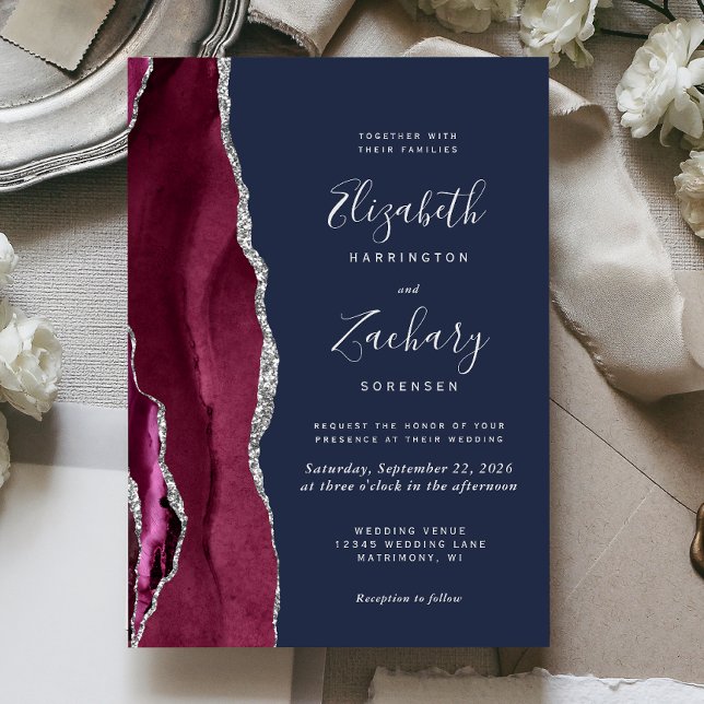 Modern Burgundy Silver Agate Navy Blue Wedding Invitation (Creator Uploaded)