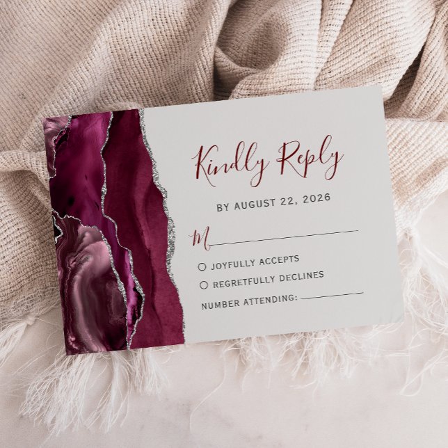 Modern Burgundy Silver Agate Pale Grey Wedding RSVP Card (Creator Uploaded)