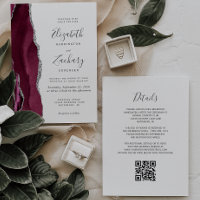 Modern Burgundy Silver Agate QR Code Wedding