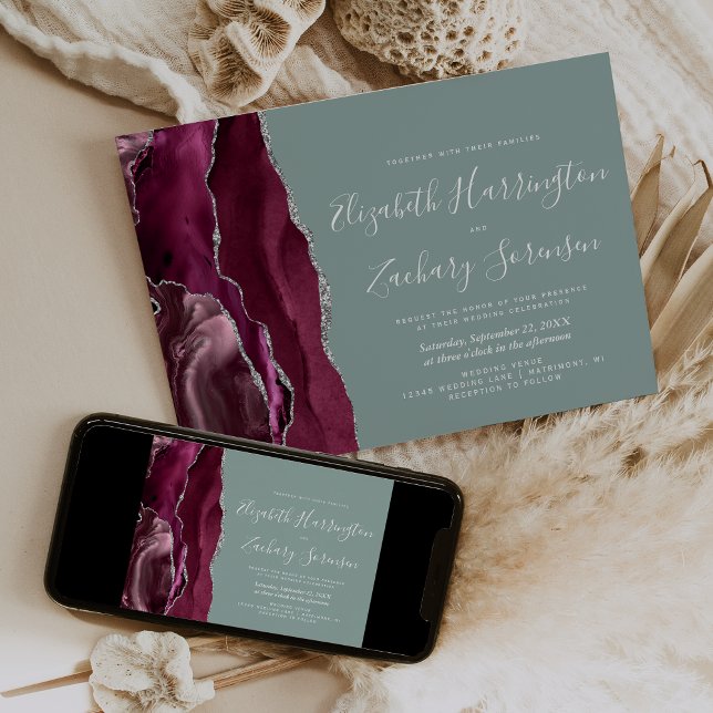 Modern Burgundy Silver Agate Sage Green Wedding Invitation (Creator Uploaded)
