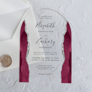 Modern Burgundy Silver Agate Wedding Arch Acrylic Invitations
