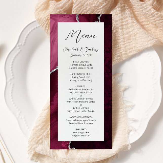 Modern Burgundy Silver Agate Wedding Menu (Creator Uploaded)