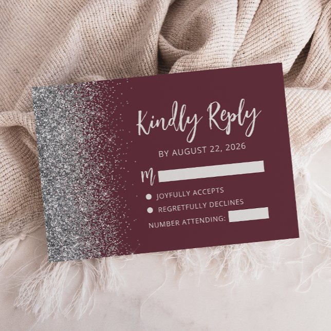 Modern Burgundy Silver Glitter Edge Script RSVP Card (Creator Uploaded)