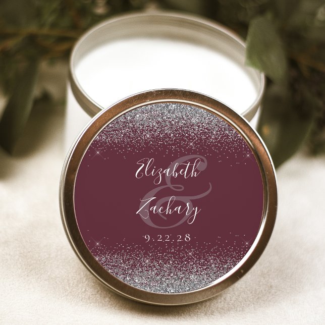 Modern Burgundy Silver Glitter Edge Wedding Classic Round Sticker (Creator Uploaded)