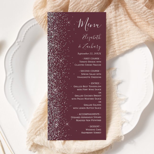 Modern Burgundy Silver Glitter Edge Wedding Menu (Creator Uploaded)