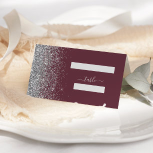 Modern Burgundy Silver Glitter Edge Wedding Place Card