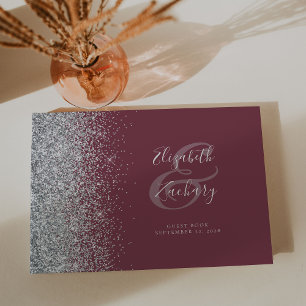 Modern Burgundy Silver Glitter Script Guest Book