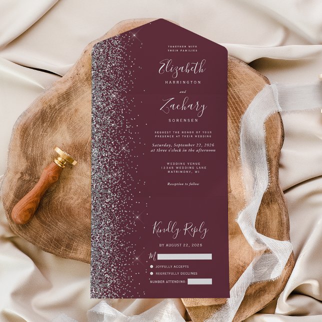 Modern Burgundy Silver Glitter Wedding All In One Invitation (Creator Uploaded)