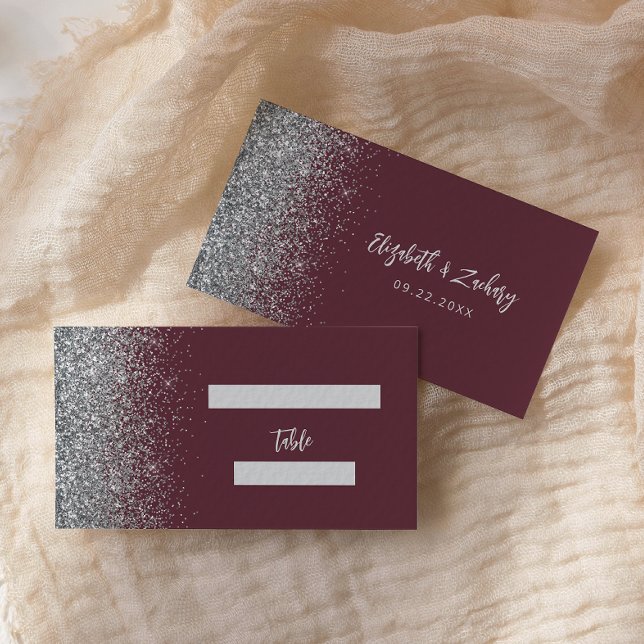 Modern Burgundy Silver Glitter Wedding Place Card (Creator Uploaded)